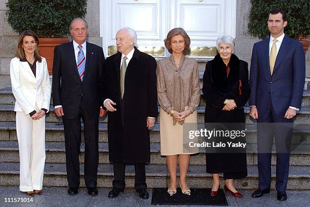 Princess Letizia, King Juan Carlos, Ferenc Madl, Queen Sofia, Mrs.Madl and Prince Felipe for Lunch at Zarzuela Palace in Madrid