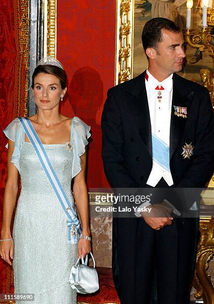 Princess Letizia and Prince Felipe during Spanish Royals Receive Czech President Vaclav Klaus And Wife Livia Klausova for a Gala Dinner at The Royal...