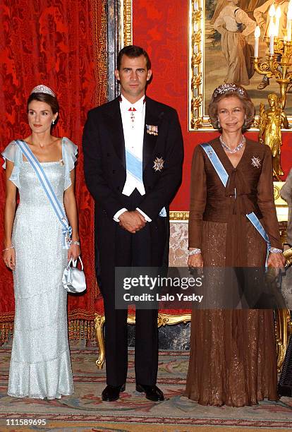 Princess Letizia, Prince Felipe and Queen Sofia during Spanish Royals Receive Czech President Vaclav Klaus And Wife Livia Klausova for a Gala Dinner...