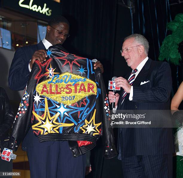 Dominique Wilkins and Oscar Goodman during NBA Legends Unveil 2007 NBA All-Star Logo at Fashion Show Mall in Las Vegas, NV, United States.