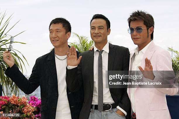 Sun Hong Lei, Simon Yam and Louis Koo during 2007 Cannes Film Festival - "Triangle" Photocall at Palais des Festivals in Cannes, France, France.