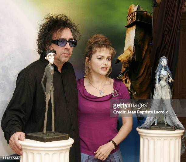 Tim Burton, director, and Helena Bonham Carter during "Corpse Bride" Paris Photocall at Ritz Hotel in Paris, France.
