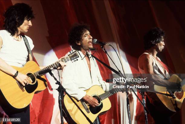 Ron Wood, Bob Dylan and Keith Richards during Live Aid Concert - July 13, 1985 at JFK Stadium in Philadelphia, Pennsylvania, United States.