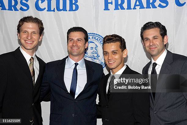 Sebastian Arcelus, Dominic Nolfi, Michael Longoria and Eric Gutman attends the Friars Club honoring of Frankie Valli and John Catsimatidis on June...