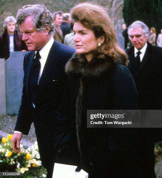Jackie Onassis and Ted Kennedy during Lord Harlech's Funeral In Wales ...