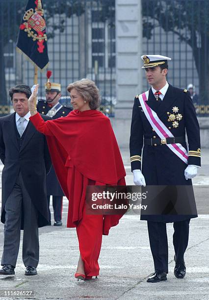 Queen Sofia and Prince Felipe of Spain attend the first official event of 2003 during the traditional "Pascua Militar" at the Royal Palace in Madrid.