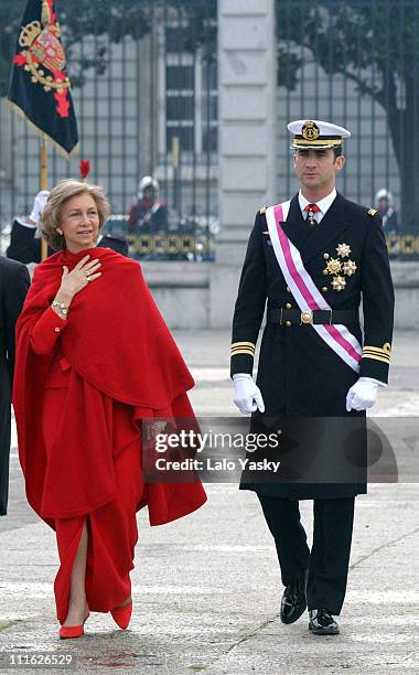 Queen Sofia and Prince Felipe of Spain attend the first official event of 2003 during the traditional "Pascua Militar" at the Royal Palace in Madrid.