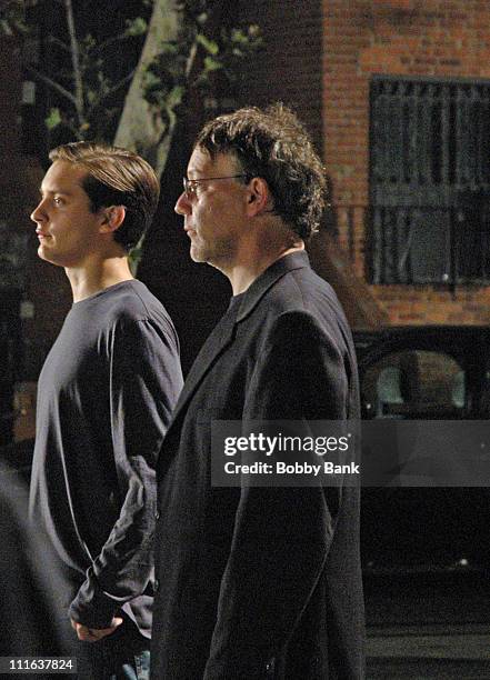 Tobey Maguire, Sam Raimi during "Spider-Man 3" On Location in Brooklyn, New York - June 22, 2006 in Brooklyn, New York, United States.