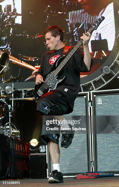 Stefan Lessard of Dave Matthews Band during Dave Matthews Band in Concert in Kansas City on July 12, 2003 at Verizon Wireless Amphitheater in Bonner...