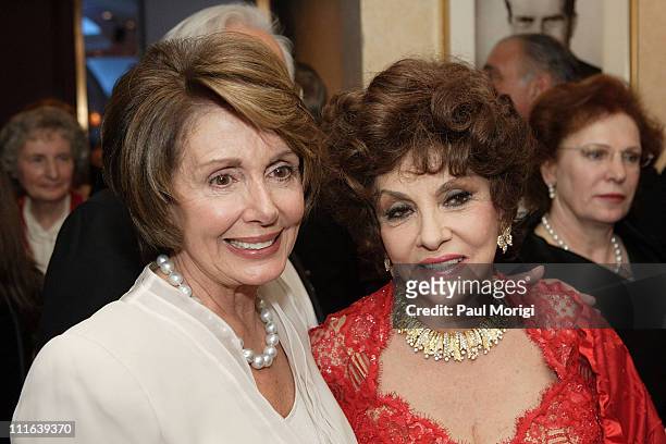 Speaker of the U.S. House of Representatives Nancy Pelosi and Actress Gina Lollobrigida mingle at the NIAF 32nd Anniversary Awards Gala at the Hilton...