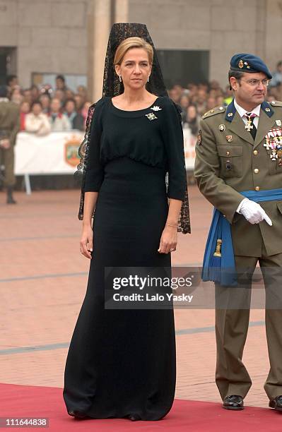 Cristina of Spain Presides over a Military Flag Ceremony, Dressed in a Traditional Black Spanish Dress, at the Plaza Mayor in Burgos, Spain on...