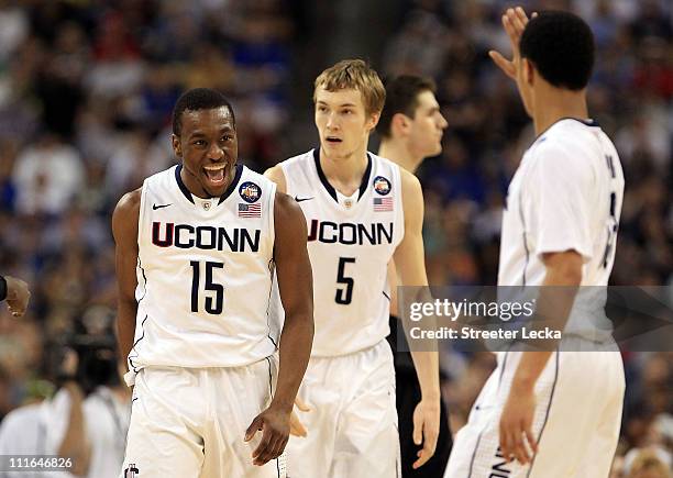 Kemba Walker of the Connecticut Huskies reacts after a play against the Butler Bulldogs during the National Championship Game of the 2011 NCAA...