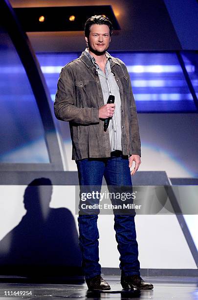 Musician Blake Shelton speaks onstage during ACM Presents: Girls' Night Out: Superstar Women of Country concert held at the MGM Grand Garden Arena on...