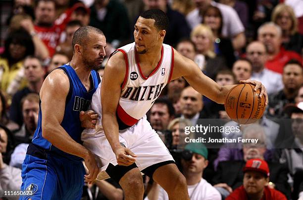 Brandon Roy of the Portland Trail Blazers is guarded by Jason Kidd the Dallas Mavericks on March 15, 2011 at the Rose Garden in Portland, Oregon....