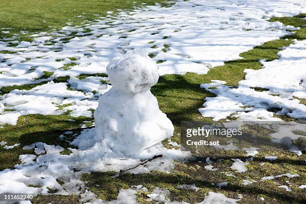 a snowman - snow on grass imagens e fotografias de stock