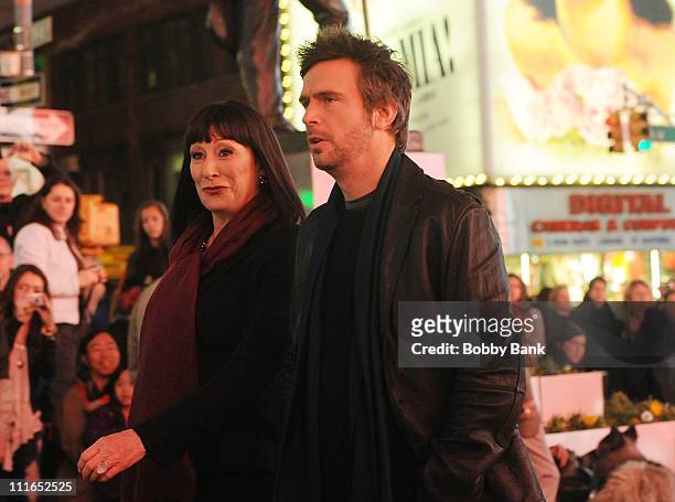 Anjelica Huston and Jack Davenport filming on location for "Smash" on the streets of Manhattan on April 4, 2011 in New York City.