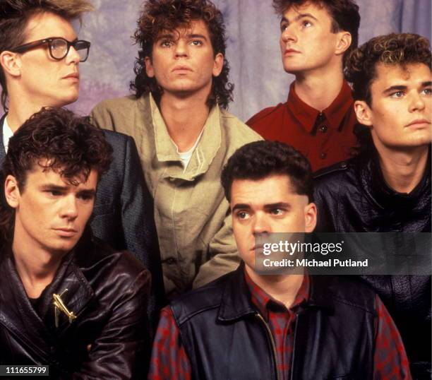 Studio group portrait, circa 1983, London, L-R Kirk Pengilly, Michael Hutchence, Jon Farriss, Garry Gary Beers Tim Farriss, Andrew Farriss.