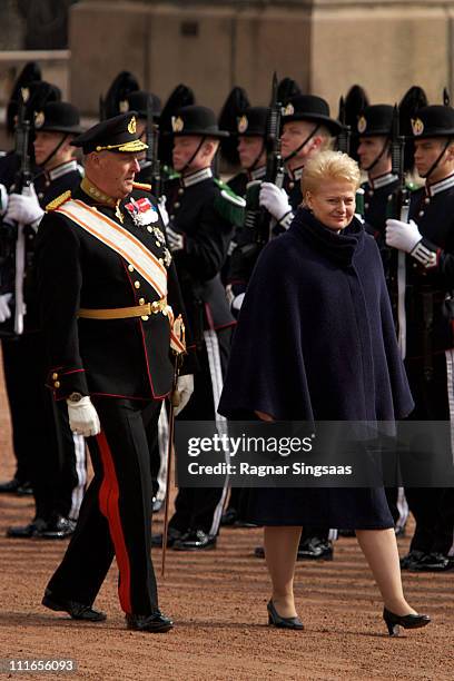 King Harald V of Norway welcomes Lithuania's president Dalia Grybauskaite during a state visit on April 5, 2011 in Oslo, Norway.