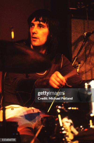 Mick Avory of The Kinks performs on stage, UK, circa 1972.