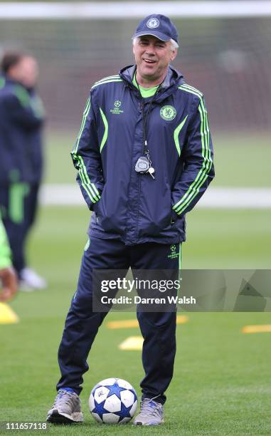 Carlo Ancelotti of Chelsea during a training session ahead of their UEFA Champions League Quarter-final first leg match against Manchester United, at...
