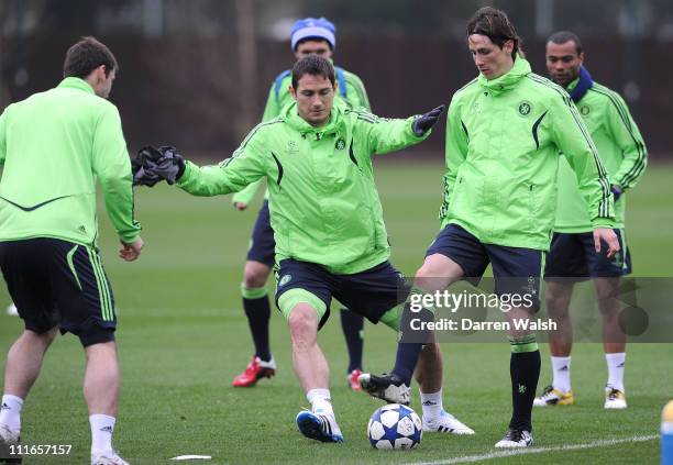 Frank Lampard, Fernando Torres of Chelsea during a training session ahead of their UEFA Champions League Quarter-final first leg match against...