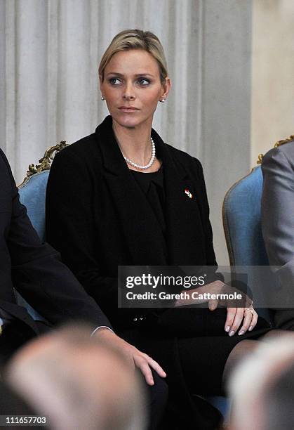 Charlene Wittstock, fiancee to His Serene Highness, Prince Albert II Of Monaco, attends a Civic Reception at City Hall during a State visit on April...