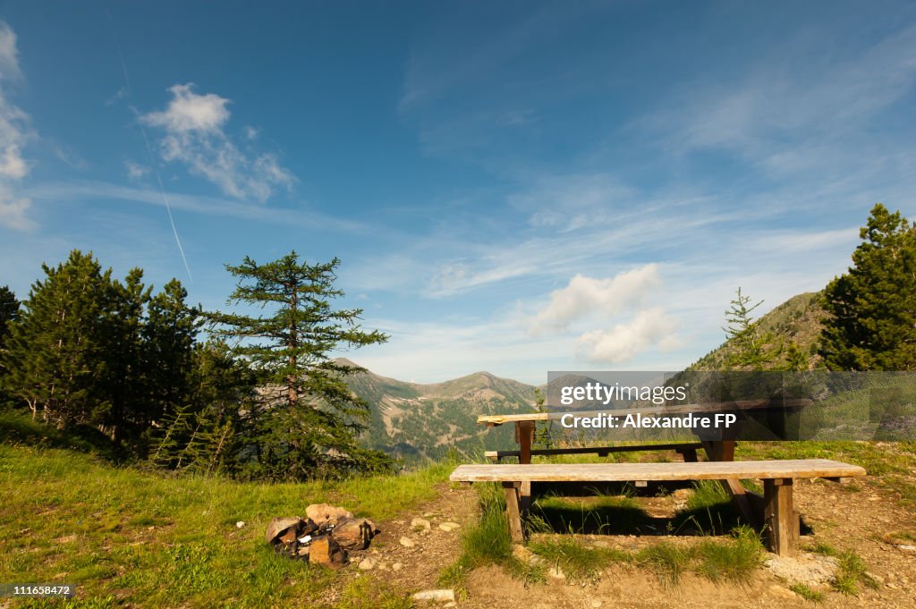 Picnic table on a mountain road