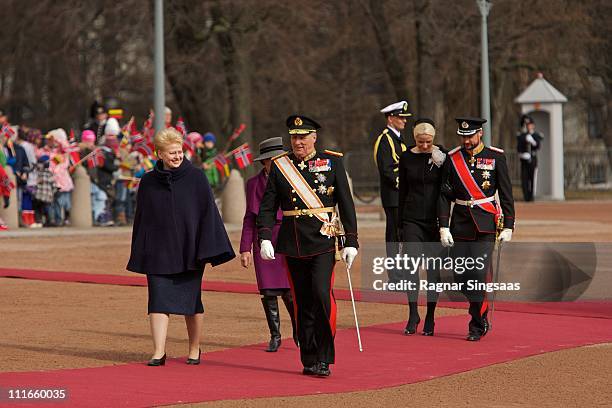 Lithuania's President Dalia Grybauskaite, King Harald V of Norway, Princess Mette-Marit of Norway and Prince Haakon of Norway attend the official...