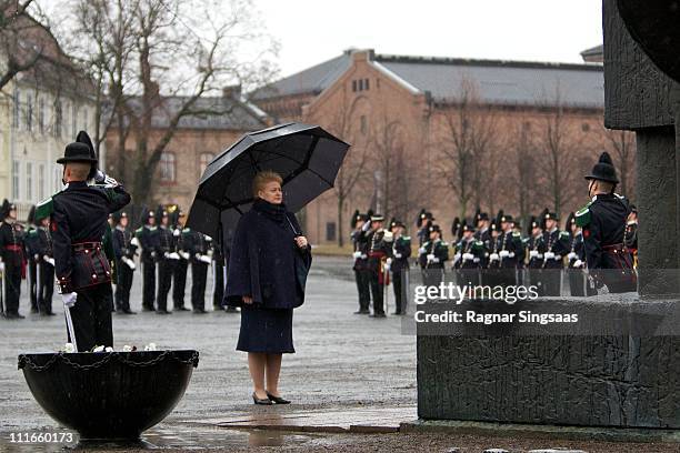 Lithuania's President Dalia Grybauskaite attends a wreath laying ceremony at the National Monument at Akershus Fortress on the first day of the...