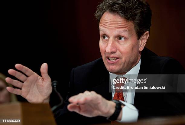 Secretary of the Treasury Timothy F. Geithner speaks during a hearing of the Senate Appropriations Committee Financial Services and General...