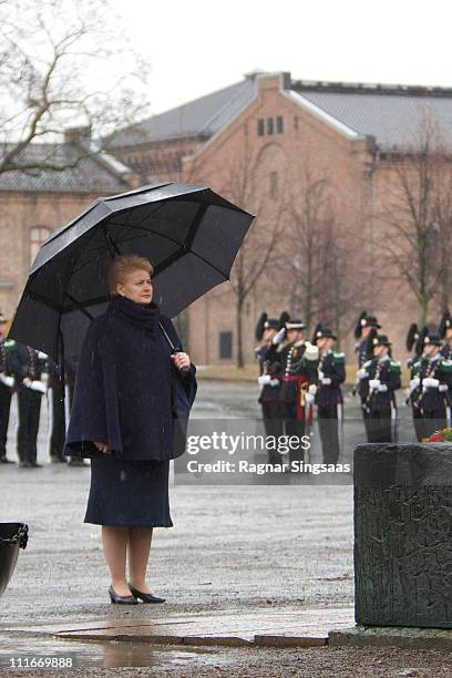 Lithuania's President Dalia Grybauskaite attends a wreath laying ceremony at the National Monument at Akershus Fortress on the first day of the...