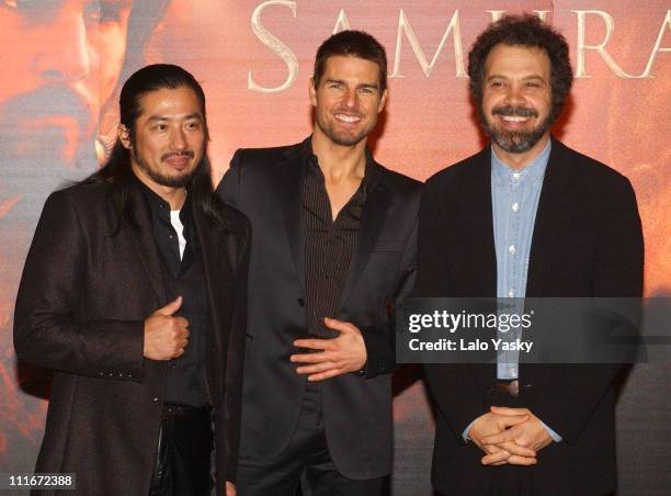 Hiroyuki Sanada, Tom Cruise and Edward Zwick during "The Last Samurai" - Madrid Premiere - Inside Arrivals - January 08, 2004 at Palacio de la Musica...