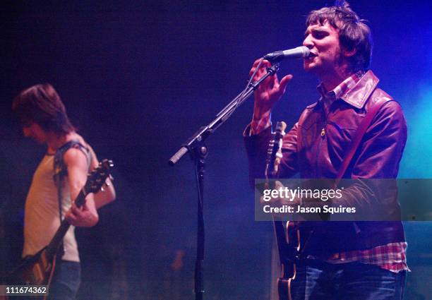 Cameron Muncey and Chris Cester of Jet during Jet performs in Kansas City on March 30, 2004 at Liberty Hall in Lawrence, Kansas, United States.