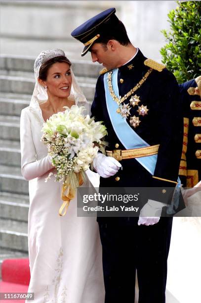 Princess Letizia Ortiz and Crown Prince Felipe during Royal Wedding Between Prince Felipe of Spain and Letiza Ortiz at Alumudena Cathedral in Madrid,...