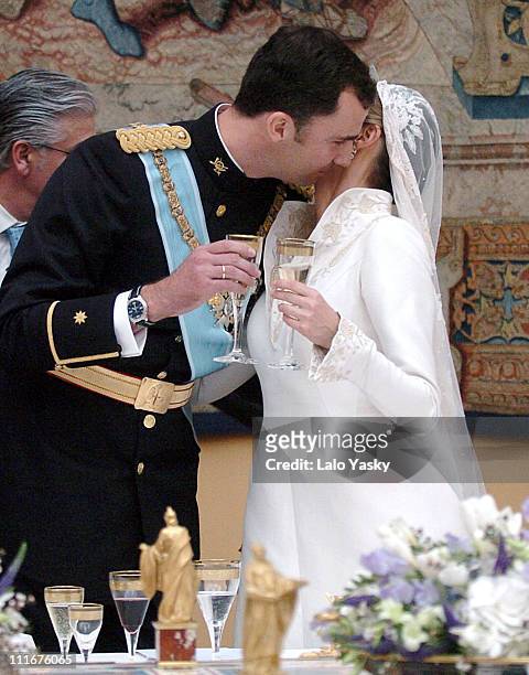 Crown Prince Felipe and Letizia Ortiz during the wedding banquet at the Royal Palace