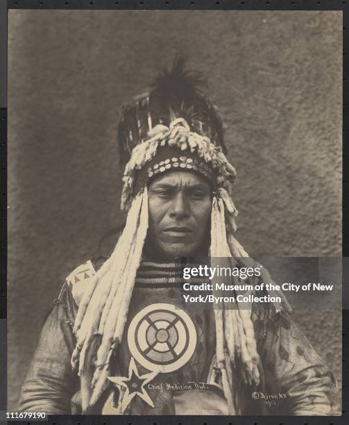 Portrait of a Native American chief, Chief Medicine Owl, at the McAlpin Hotel, New York, New York, 1913.