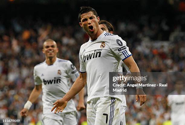 Cristiano Ronaldo of Real Madrid celebrates after scoring his sides fourth goal during the UEFA Champions League quarter final first leg match...