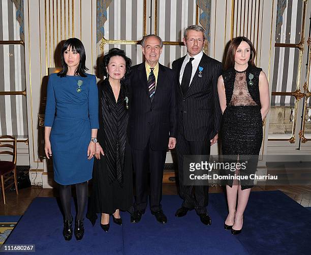 Linh-Dan Pham, Yoon Jung-Hee, French Minister of Culture Frederic Mitterrand, Lambert Wilson, Elsa Zylberstein pose after being Honored by French...
