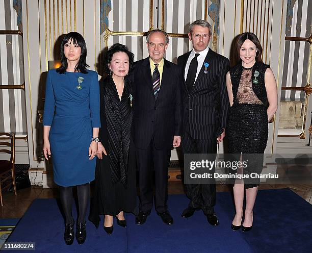 Linh-Dan Pham, Yoon Jung-Hee, French Minister of Culture Frederic Mitterrand, Lambert Wilson, Elsa Zylberstein pose after being Honored by French...