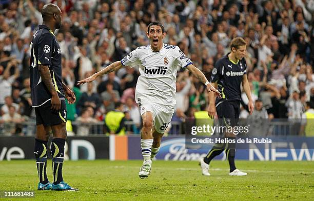 Angel di Maria of Real Madrid celebrates after scoring his side third goal during the UEFA Champions League quarter final first leg match between...