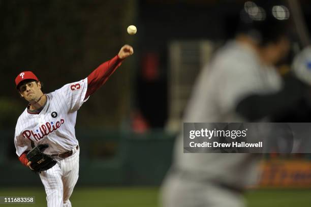 Starting pitcher Cole Hamels of the Philadelphia Phillies pitches to Scott Hairston of the New York Mets at Citizens Bank on April 5, 2011 Park in...