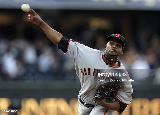 Pitcher Ramon Ramirez of the San Francisco Giants throws from the mound against the San Diego Padres during their MLB Game at Petco Park on April 5,...