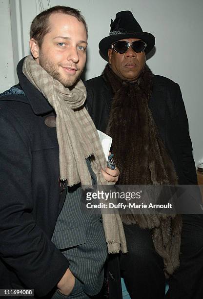 Writer Derek Blasberg and American Editor-at-Large for Vogue Andre Leon Talley attend Thom Browne Fall 2008 during Mercedes-Benz Fashion Week at Exit...