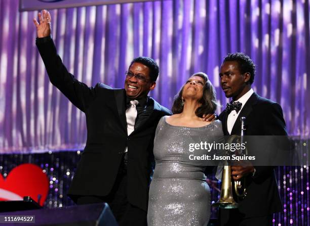 Musician Herbie Hancock, Singer Patti Austin and Musician Roy Hargrove during the 2008 MusiCares Person of the Year Honors Aretha Franklin at the Los...