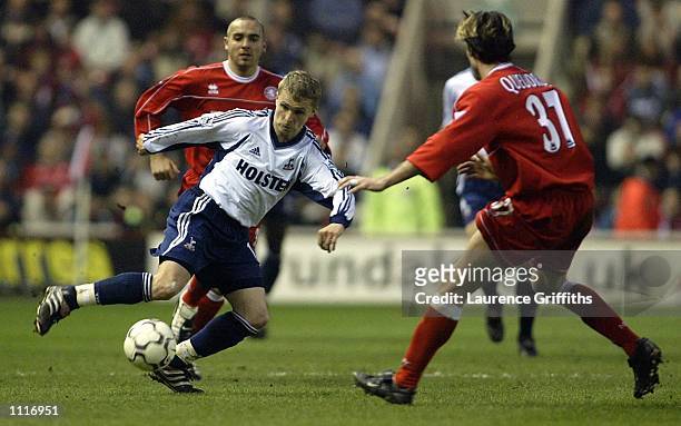 Sergei Rebrov of Spurs battles with Franck Queudrue of Middlesbrough during the Middlesbrough v Tottenham Hotspur FA Barclaycard Premiership game at...