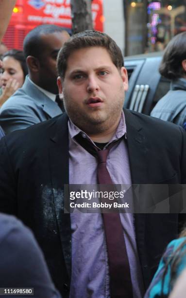 Jonah Hill on location for "Get Him To The Greek" in Rockefeller Center on August 1, 2009 in New York, New York.