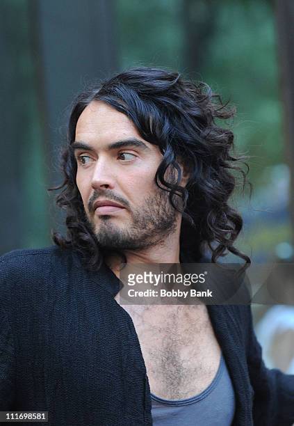 Actor Russell Brand is seen on location for "Get Him To The Greek" in Rockefeller Center on August 1, 2009 in New York, New York.