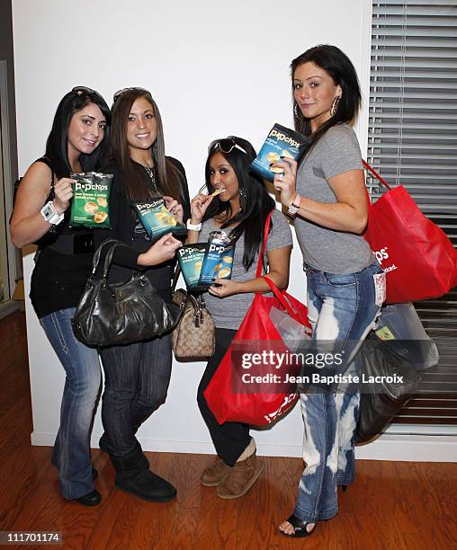 Angelina "Jolie" Pivarnick, Sammi "Sweetheart" Giancola, Nicole "Snooki" Polizzi and Jenni "JWoww" Farley of "Jersey Shore" are seen at the popchips...