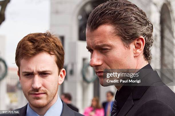 Actors Joe Mazzello and James Badge Dale, stars of HBO's 'The Pacific', talk with the media at a World War II Memorial Ceremony paying tribute to the...