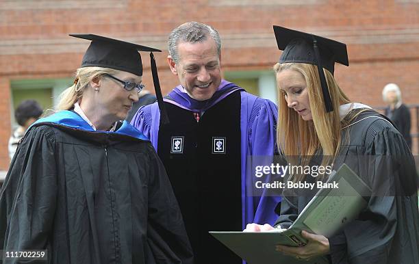 Meryl Streep, William A. Plapinger, Chair Board of Trustees, and Lisa Kudrow attend the Vassar College commencement at Vassar College on May 23, 2010...